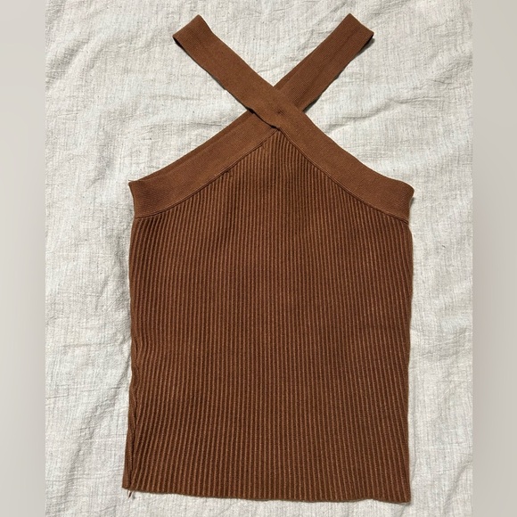 House of Harlow Brown contour ribbed Cross neck top Size S - Picture 1 of 3